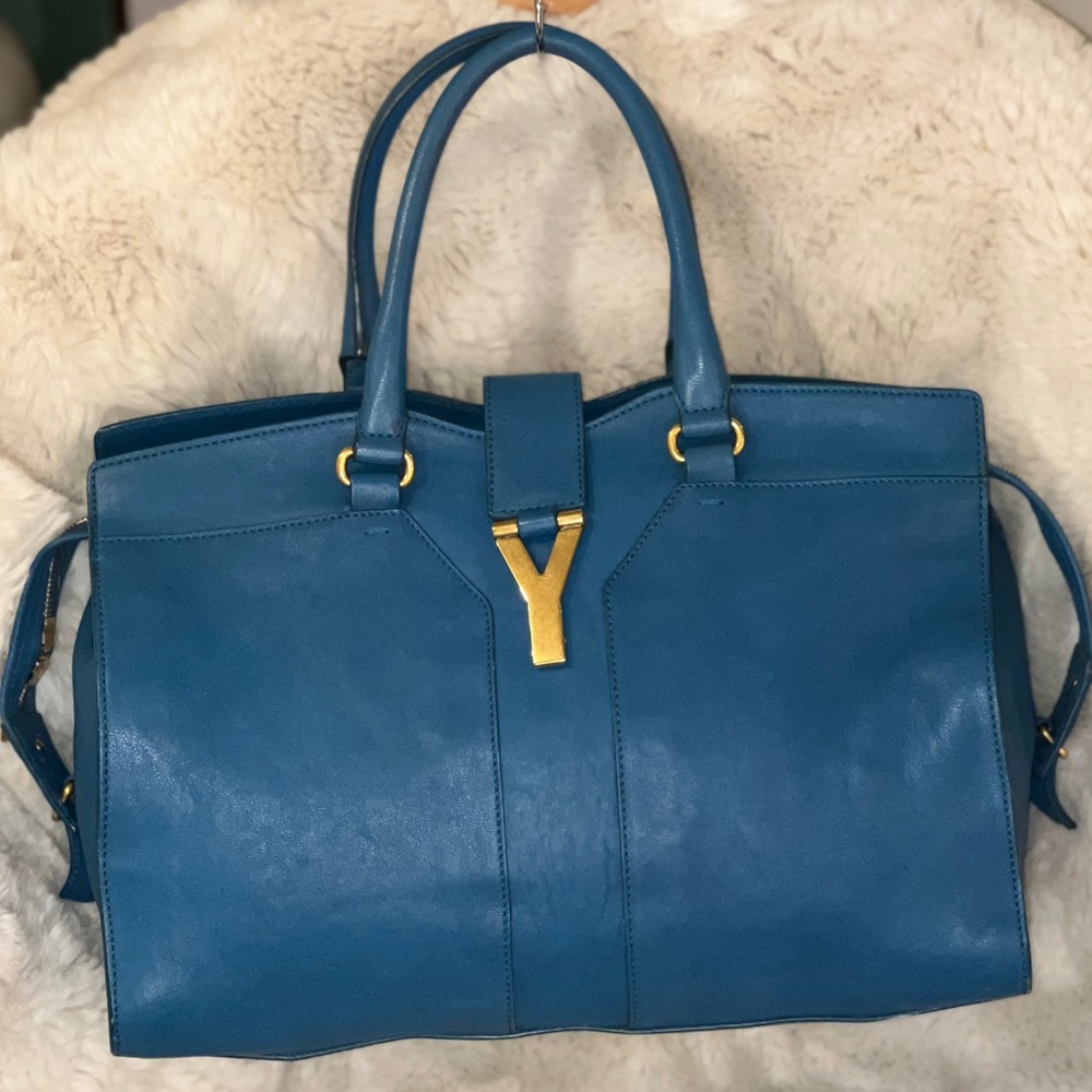 Yves Saint Laurent YSL Blue Calfskin Leather Medium Cabas ChYc Bag
